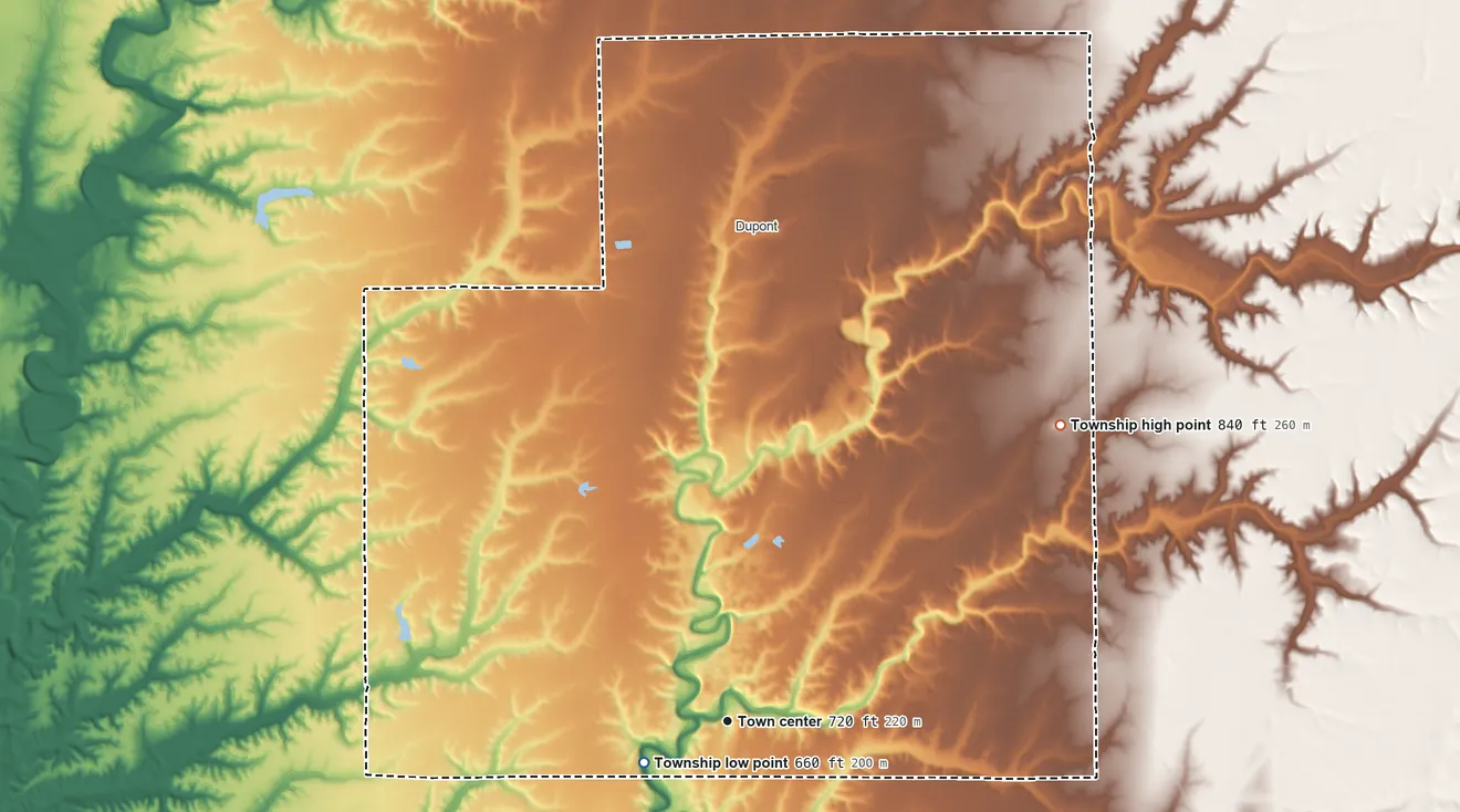 Topographic elevation map of Lancaster Township, Jefferson County, Indiana, shaded from 660 ft near the middle to 840 ft on the northeast side