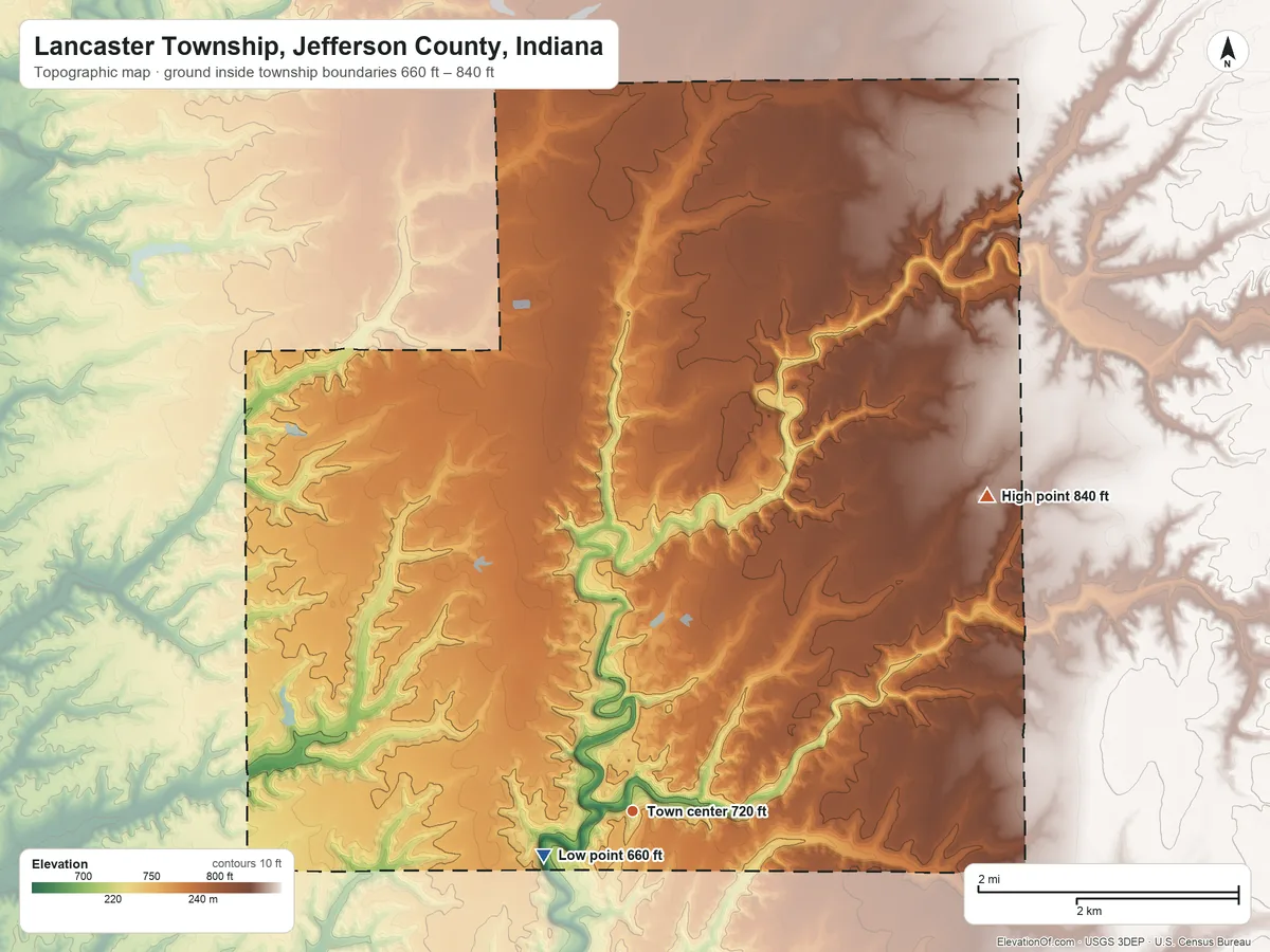 Topographic elevation map of Lancaster Township, Jefferson County, Indiana, shaded from 660 ft near the middle to 840 ft on the northeast side