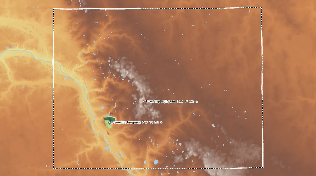 Topographic elevation map of Lancaster Township, Indiana, shaded from 740 ft on the west side to 880 ft near the middle