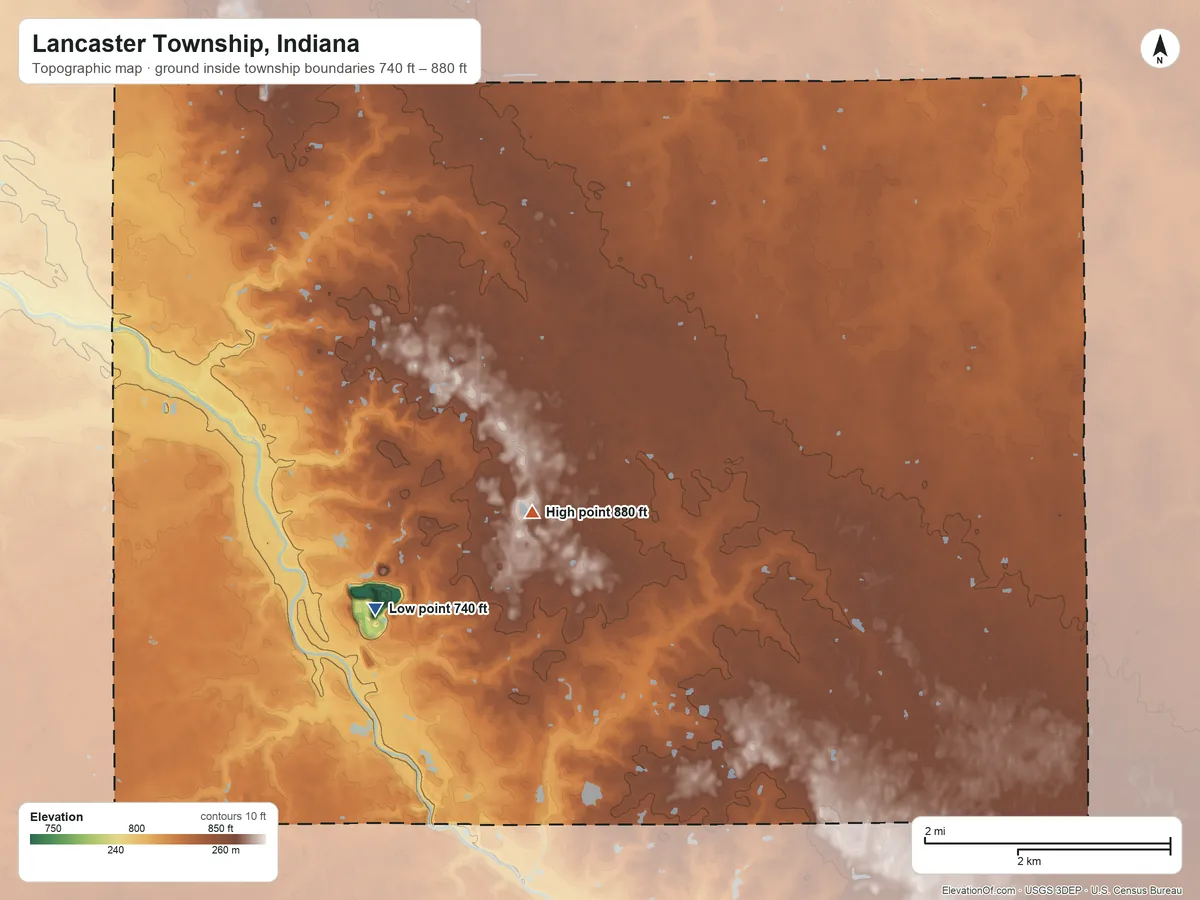 Topographic elevation map of Lancaster Township, Indiana, shaded from 740 ft on the west side to 880 ft near the middle
