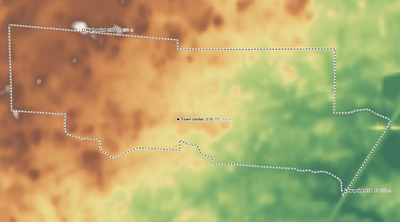 Topographic elevation map of Landess, Indiana, shaded from 850 ft on the southeast side to 890 ft on the northwest side