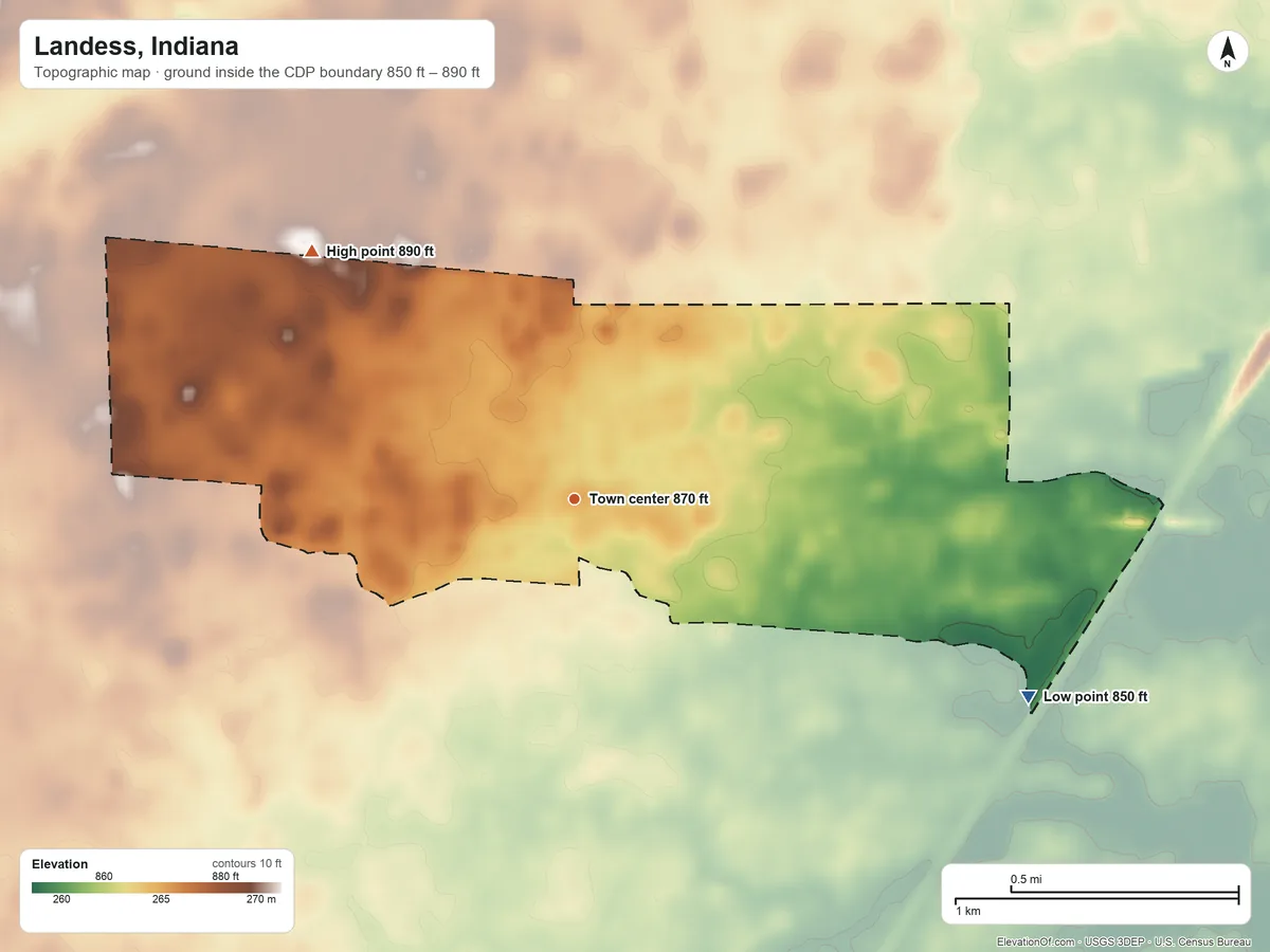 Topographic elevation map of Landess, Indiana, shaded from 850 ft on the southeast side to 890 ft on the northwest side