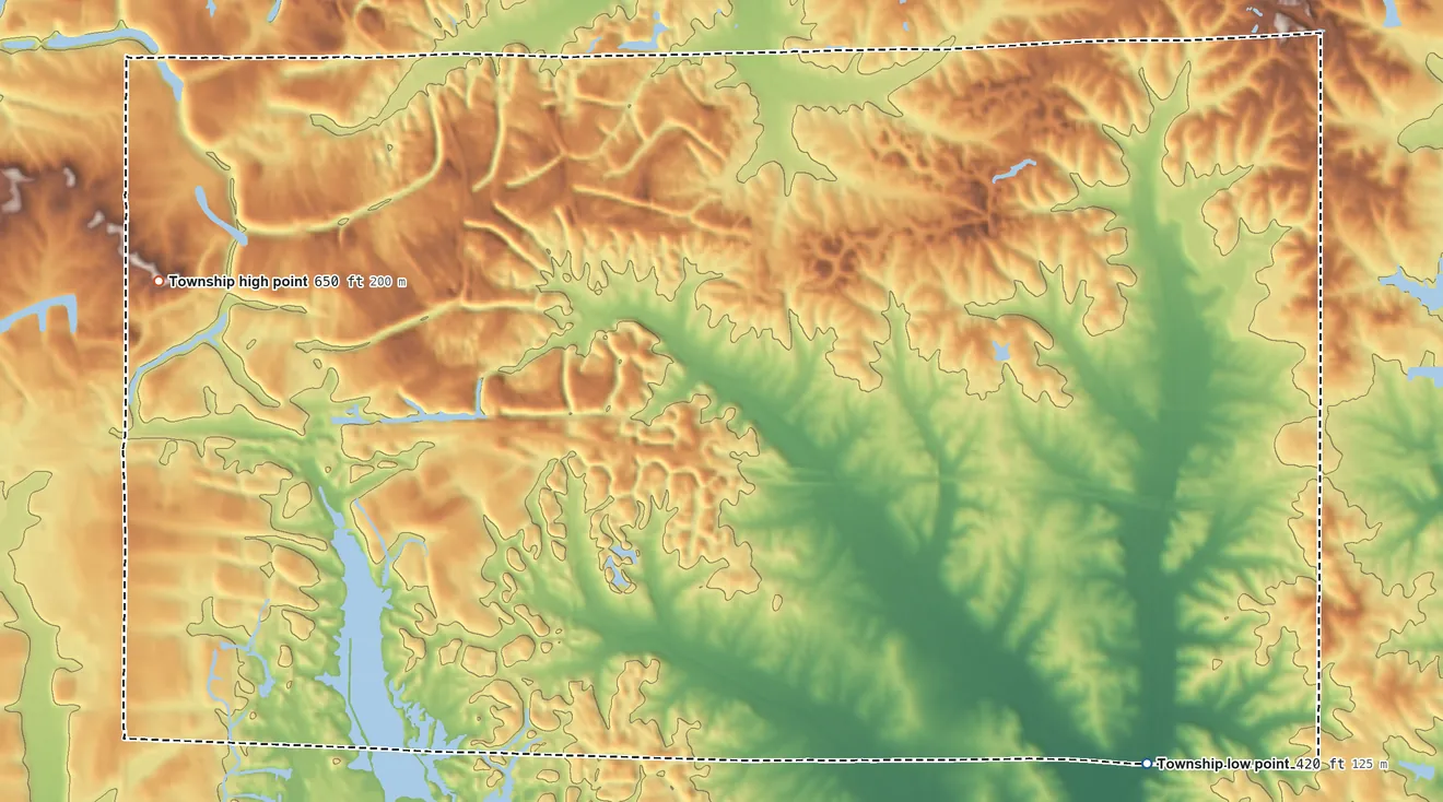 Topographic elevation map of Lane Township, Indiana, shaded from 420 ft on the southeast side to 650 ft on the west side
