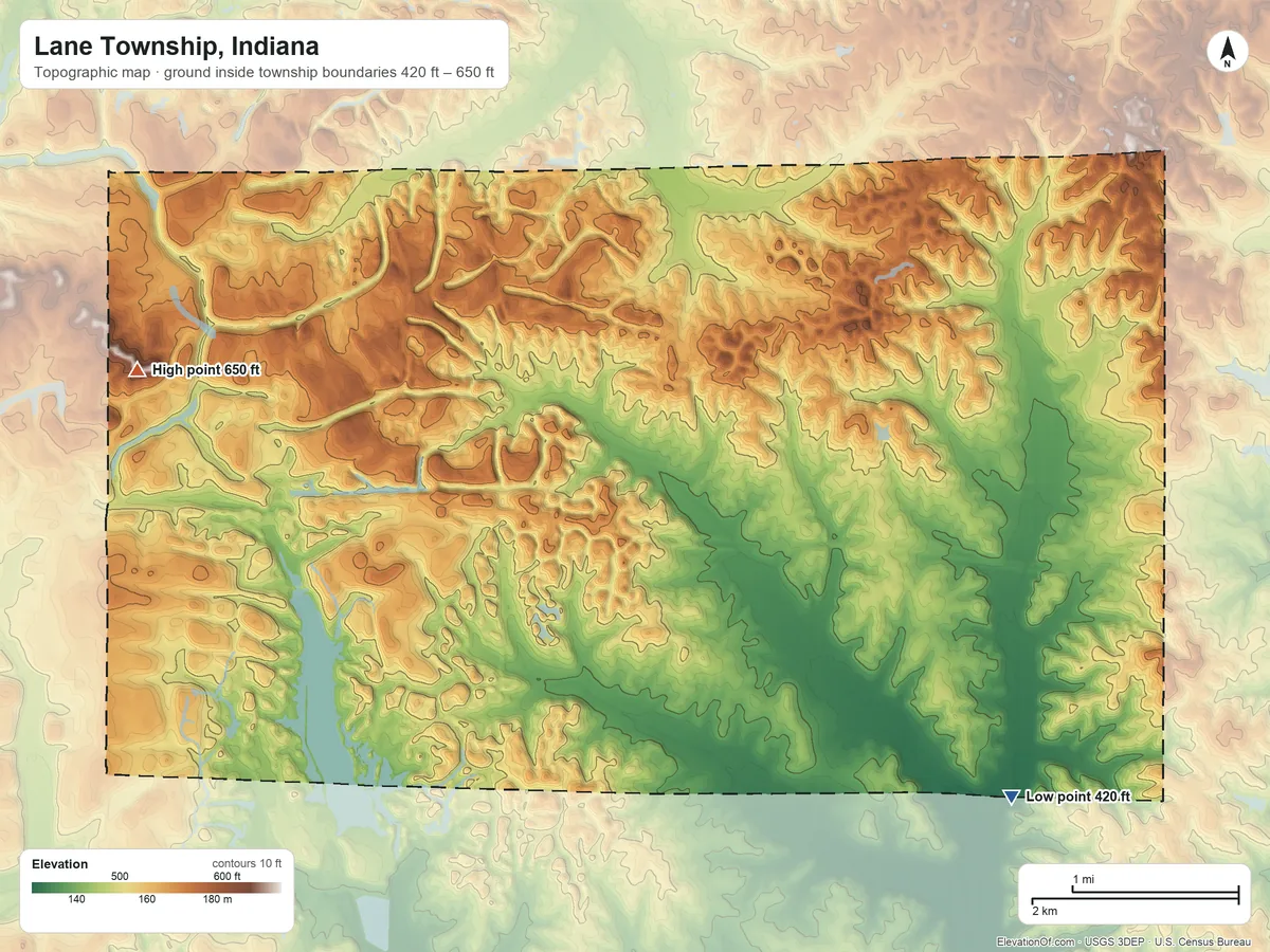 Topographic elevation map of Lane Township, Indiana, shaded from 420 ft on the southeast side to 650 ft on the west side