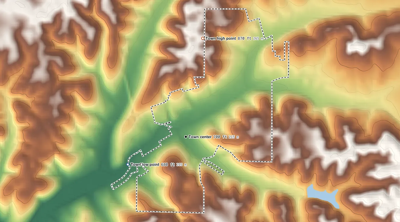 Topographic elevation map of Lanesville, Indiana, shaded from 680 ft on the southwest side to 870 ft on the north side