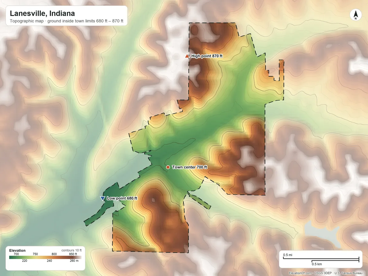 Topographic elevation map of Lanesville, Indiana, shaded from 680 ft on the southwest side to 870 ft on the north side