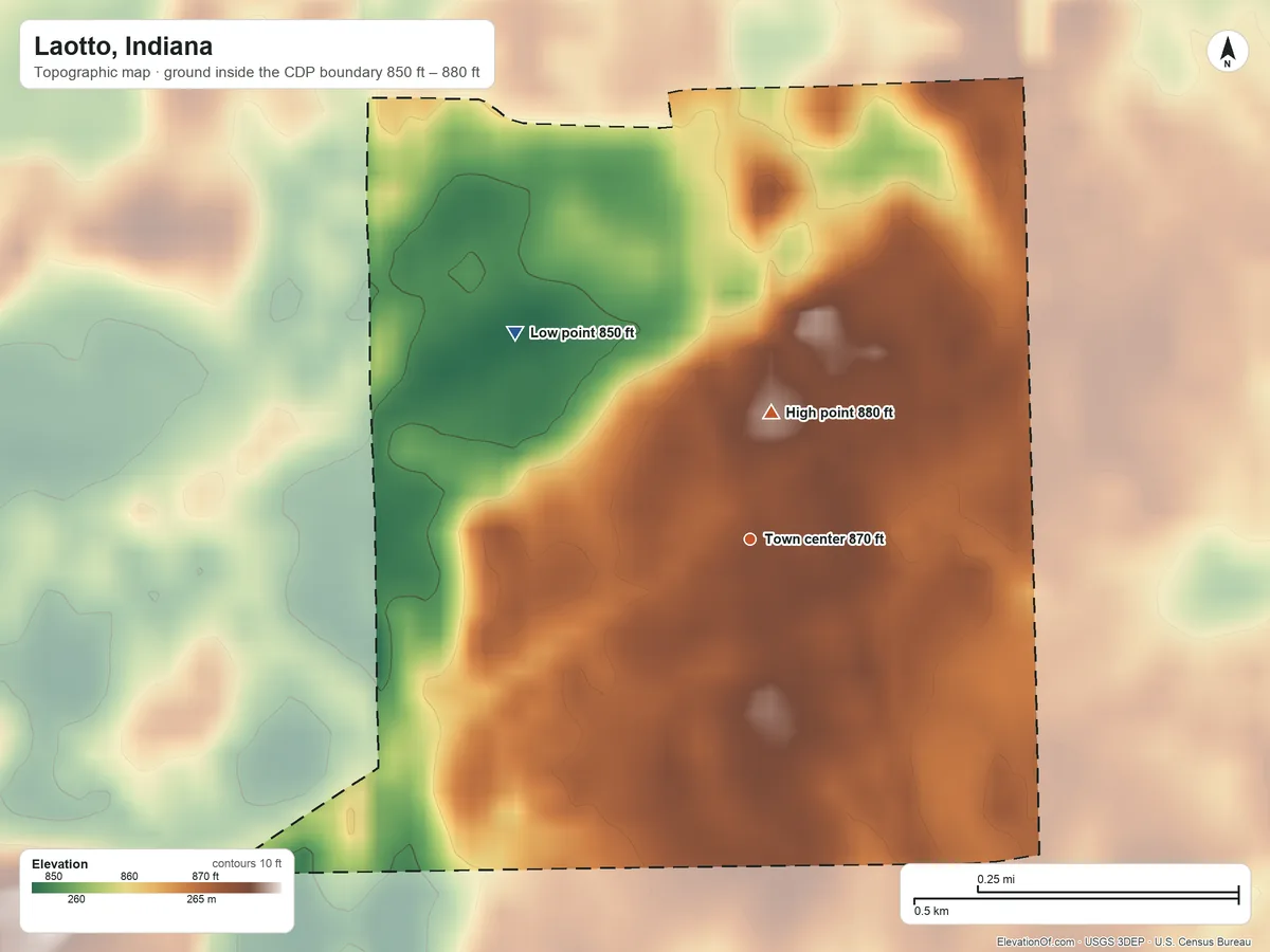 Topographic elevation map of Laotto, Indiana, shaded from 850 ft on the northwest side to 880 ft on the north side
