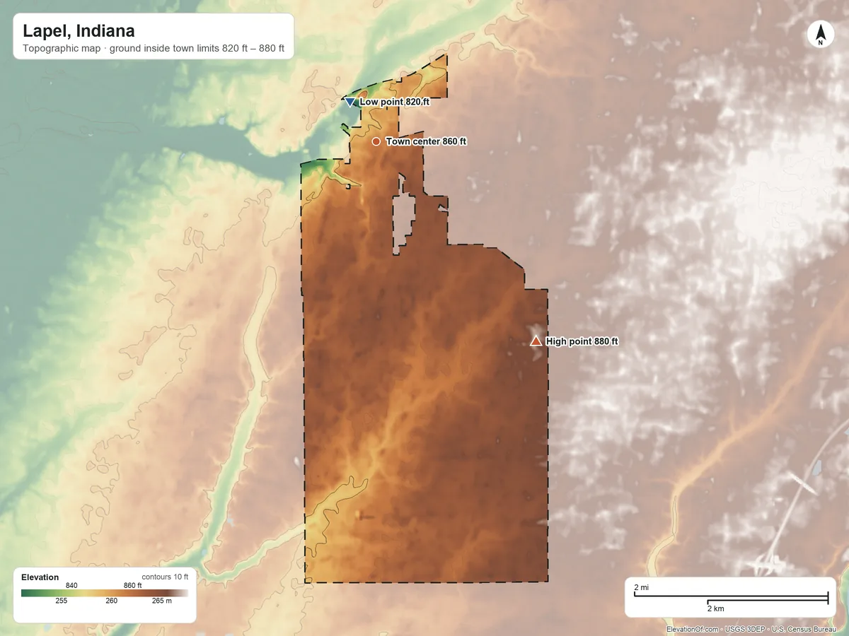 Topographic elevation map of Lapel, Indiana, shaded from 820 ft near the middle to 880 ft on the southeast side