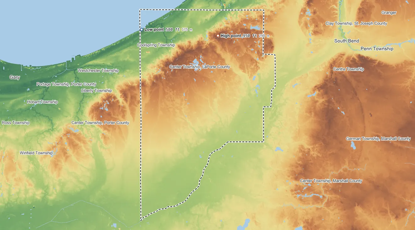 Topographic elevation map of LaPorte County, Indiana, shaded from 580 ft on the northwest side to 950 ft on the north side