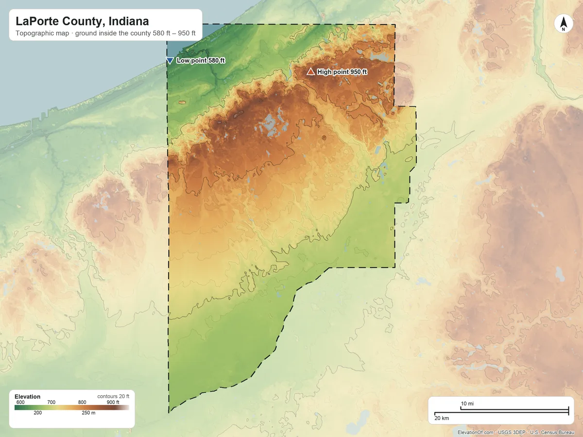Topographic elevation map of LaPorte County, Indiana, shaded from 580 ft on the northwest side to 950 ft on the north side