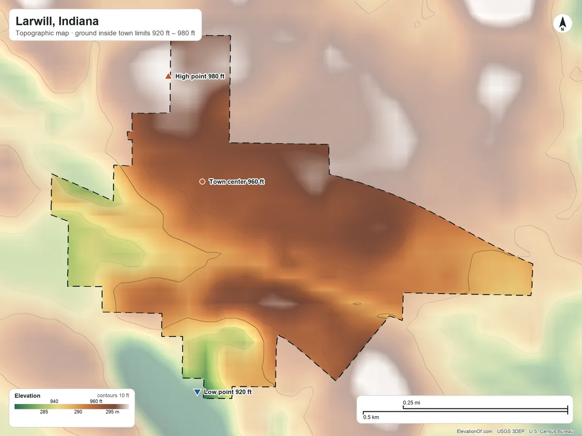 Topographic elevation map of Larwill, Indiana, shaded from 920 ft on the south side to 980 ft on the north side