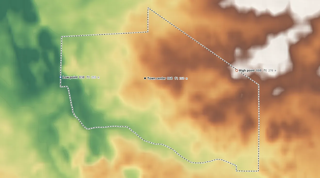 Topographic elevation map of Laud, Indiana, shaded from 830 ft on the west side to 880 ft on the east side