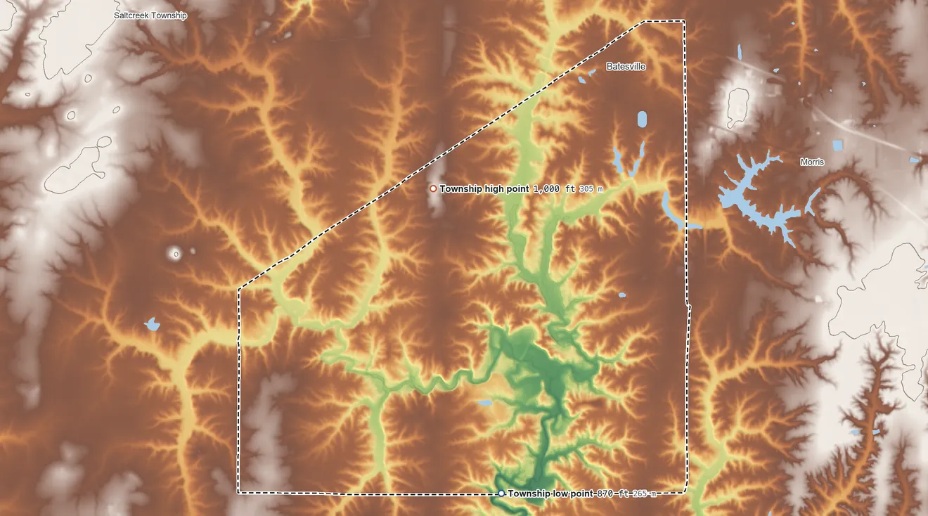 Topographic elevation map of Laughery Township, Indiana, shaded from 870 ft on the south side to 1,000 ft on the west side