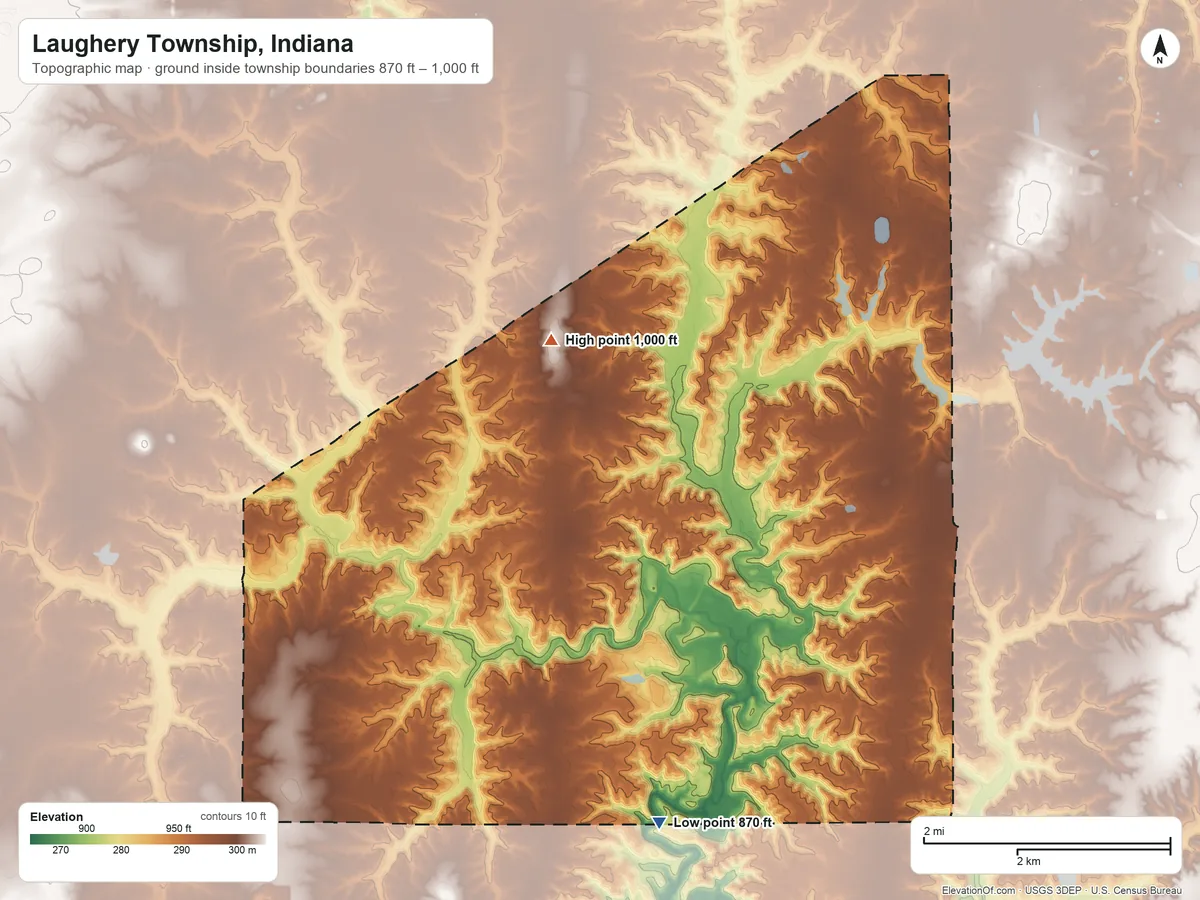 Topographic elevation map of Laughery Township, Indiana, shaded from 870 ft on the south side to 1,000 ft on the west side