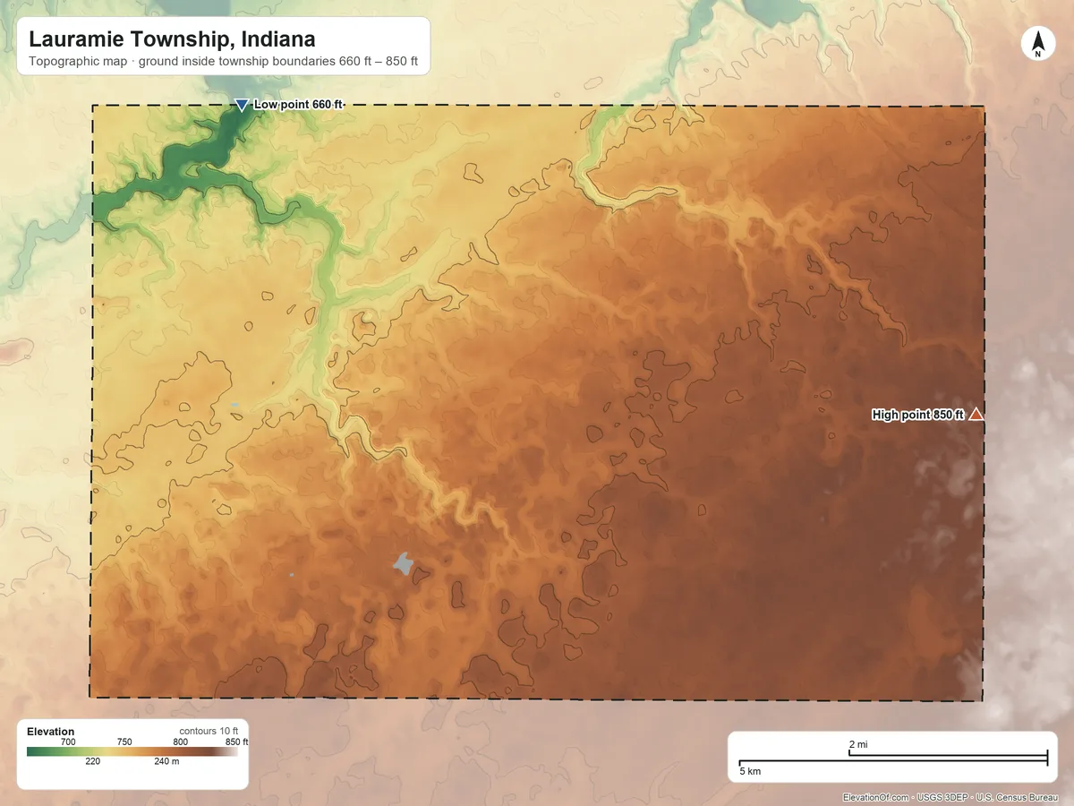Topographic elevation map of Lauramie Township, Indiana, shaded from 660 ft on the northwest side to 850 ft on the east side
