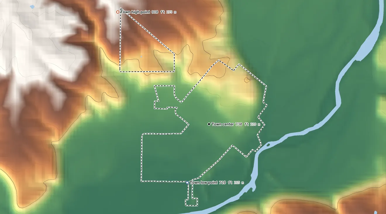 Topographic elevation map of Laurel, Indiana, shaded from 710 ft on the south side to 910 ft on the northwest side