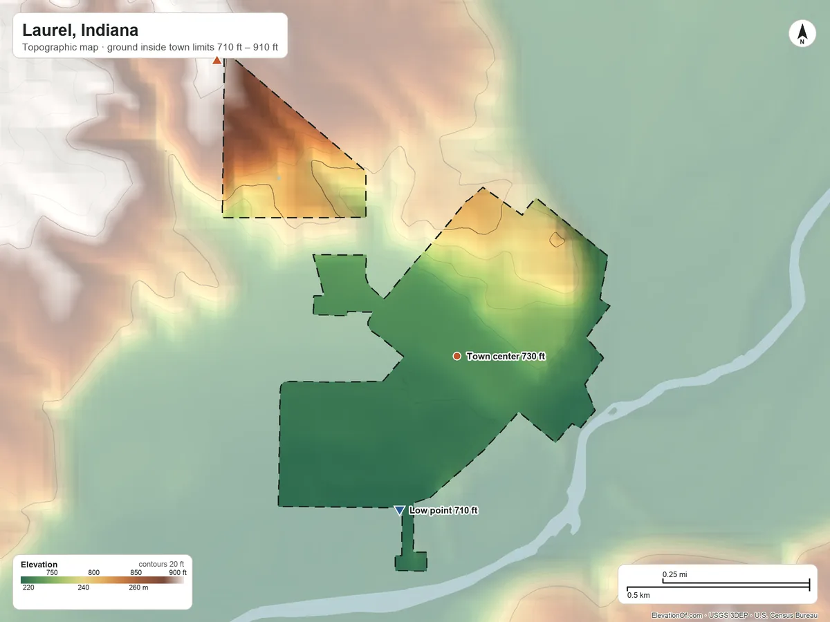 Topographic elevation map of Laurel, Indiana, shaded from 710 ft on the south side to 910 ft on the northwest side
