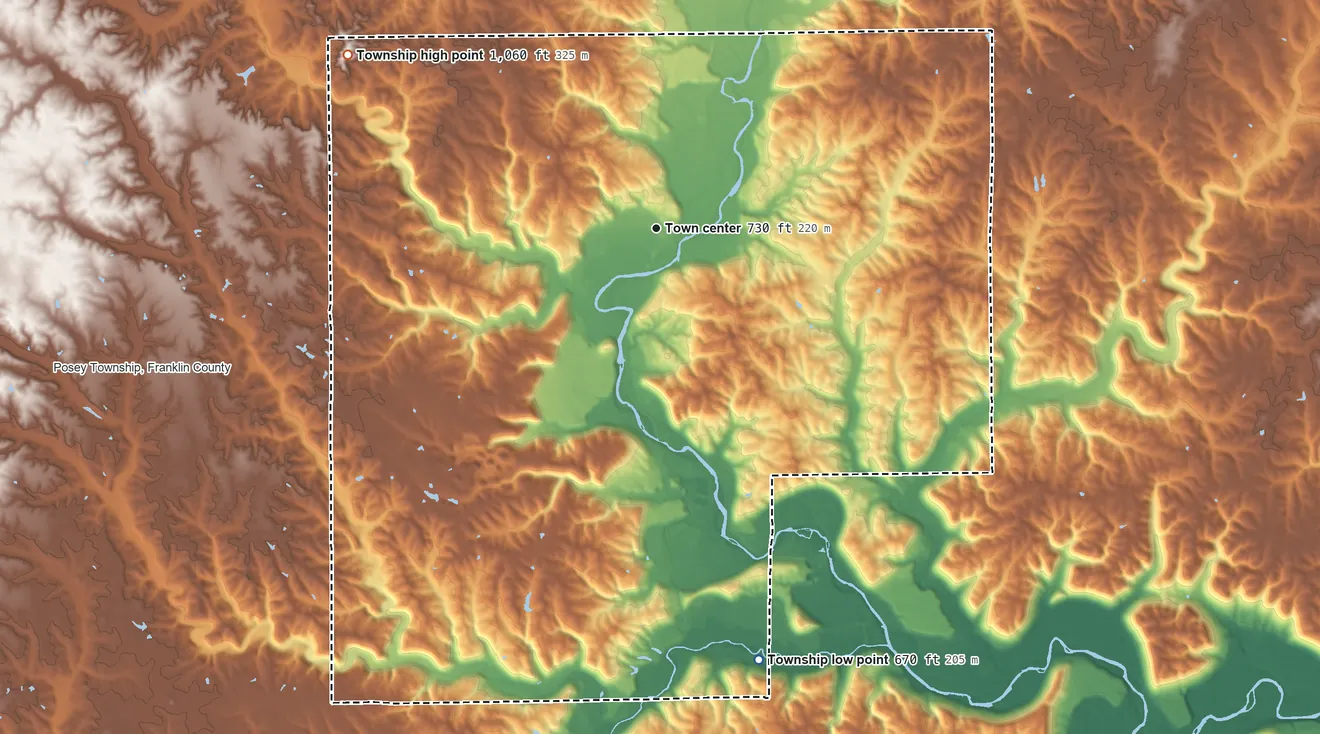 Topographic elevation map of Laurel Township, Indiana, shaded from 670 ft on the south side to 1,060 ft on the northwest side