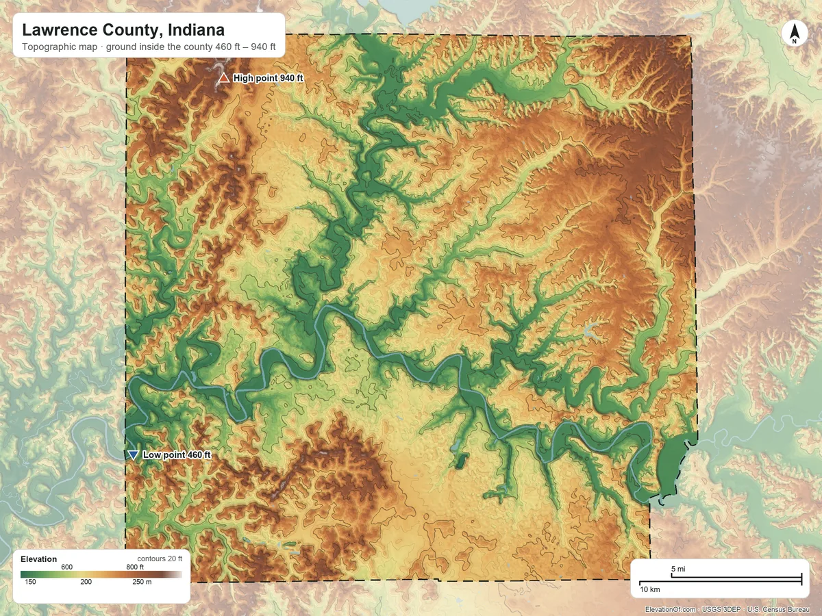 Topographic elevation map of Lawrence County, Indiana, shaded from 460 ft on the southwest side to 940 ft on the northwest side