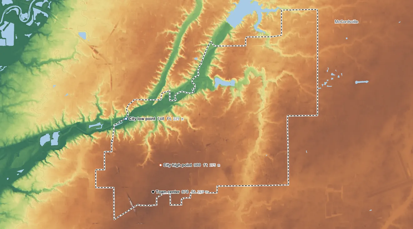 Topographic elevation map of Lawrence, Indiana, shaded from 740 ft on the north side to 900 ft near the middle