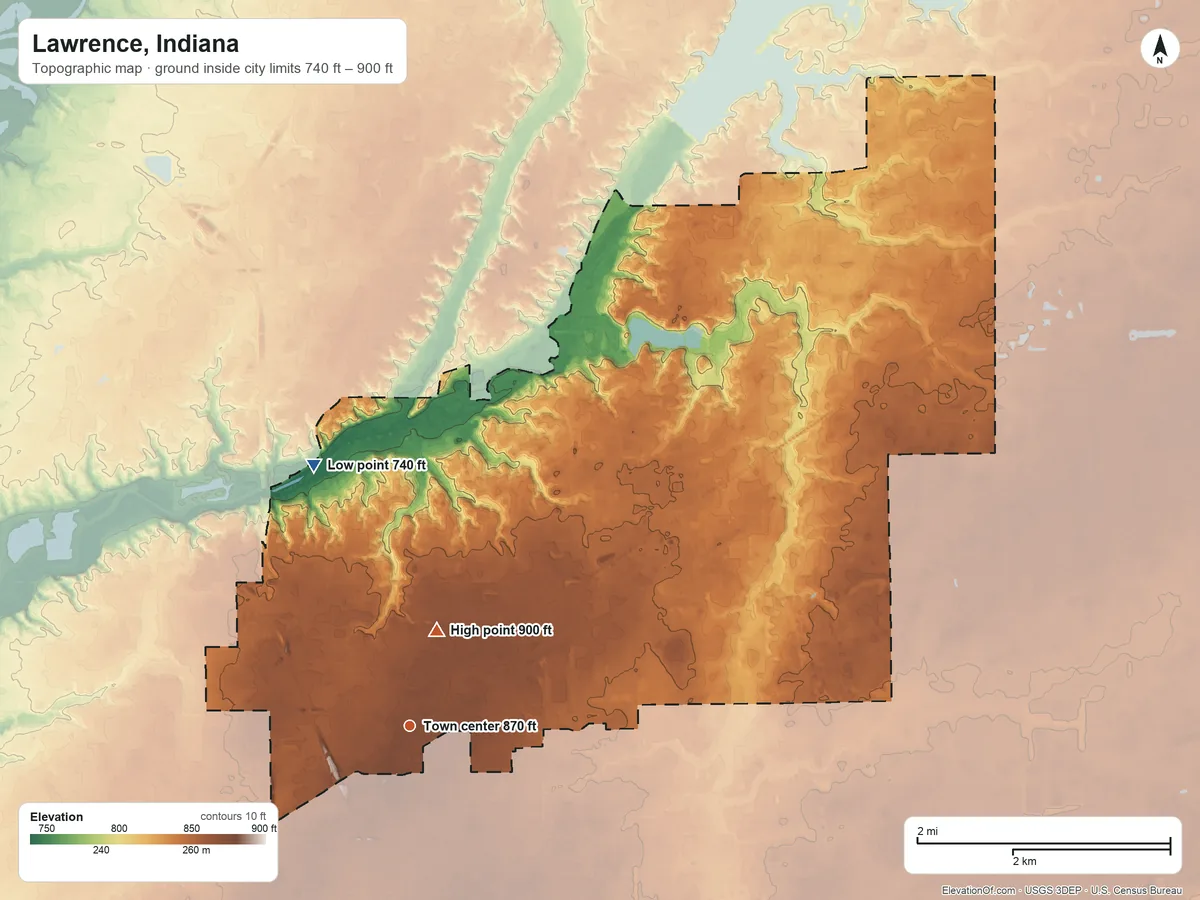 Topographic elevation map of Lawrence, Indiana, shaded from 740 ft on the north side to 900 ft near the middle