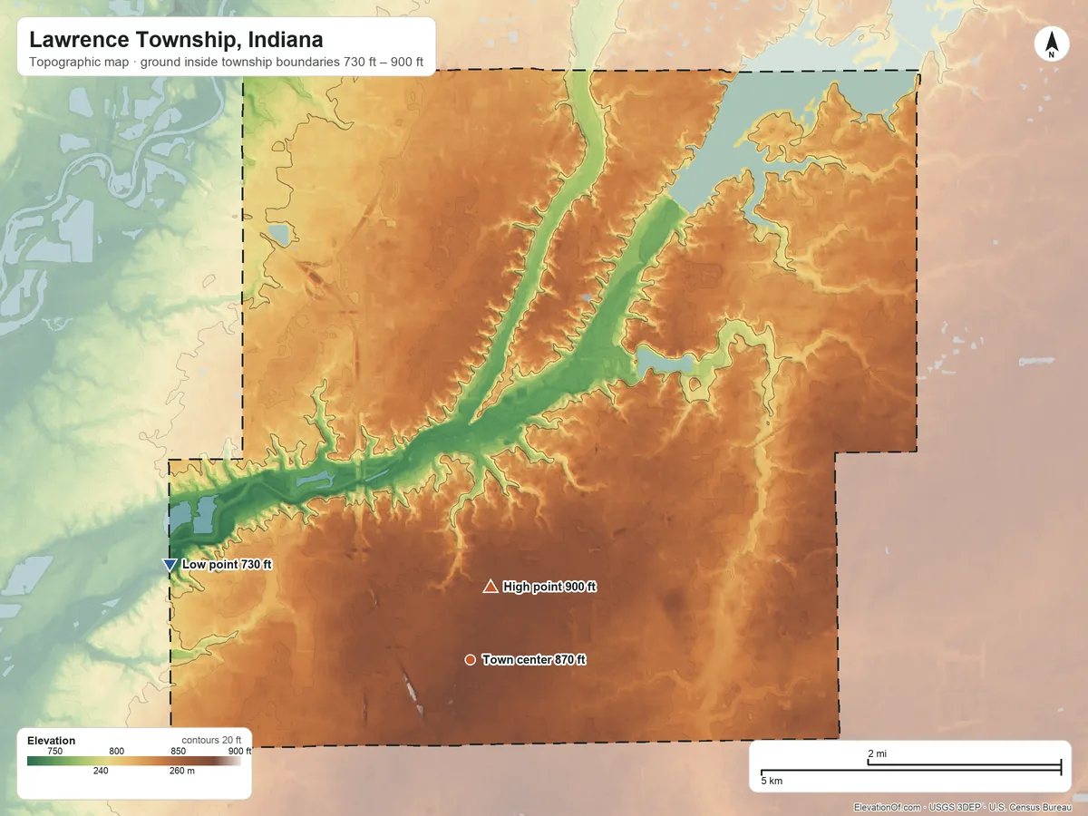 Topographic elevation map of Lawrence Township, Indiana, shaded from 730 ft on the west side to 900 ft near the middle