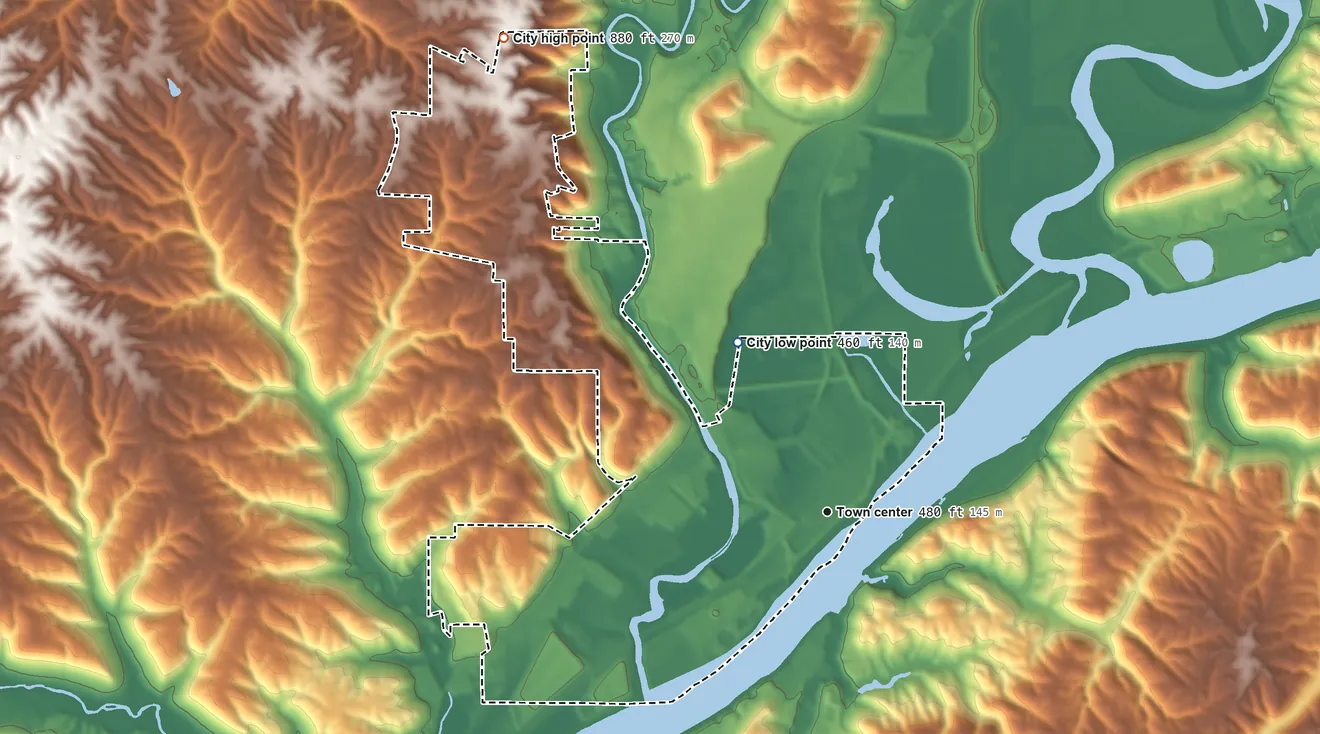 Topographic elevation map of Lawrenceburg, Indiana, shaded from 460 ft on the northwest side to 880 ft on the northwest side