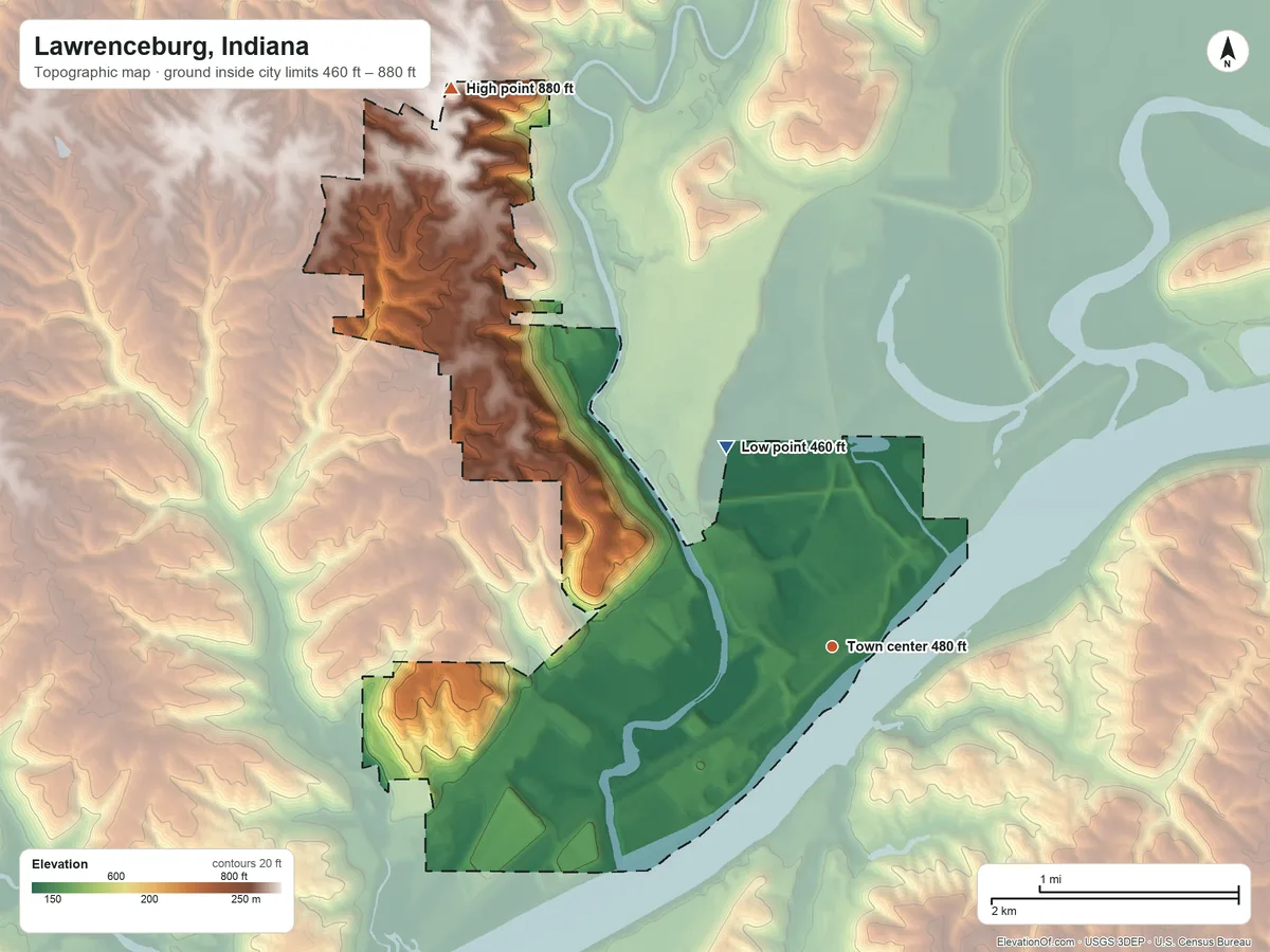 Topographic elevation map of Lawrenceburg, Indiana, shaded from 460 ft on the northwest side to 880 ft on the northwest side
