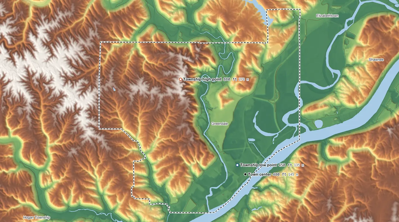 Topographic elevation map of Lawrenceburg Township, Indiana, shaded from 450 ft near the middle to 880 ft on the northwest side