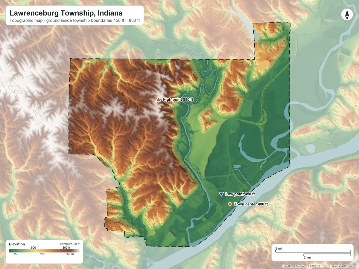 Topographic elevation map of Lawrenceburg Township, Indiana, shaded from 450 ft near the middle to 880 ft on the northwest side