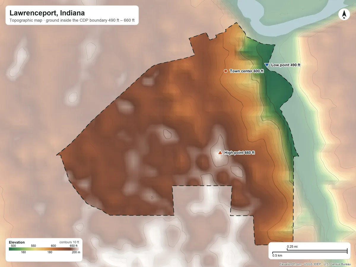 Topographic elevation map of Lawrenceport, Indiana, shaded from 490 ft on the east side to 660 ft on the south side