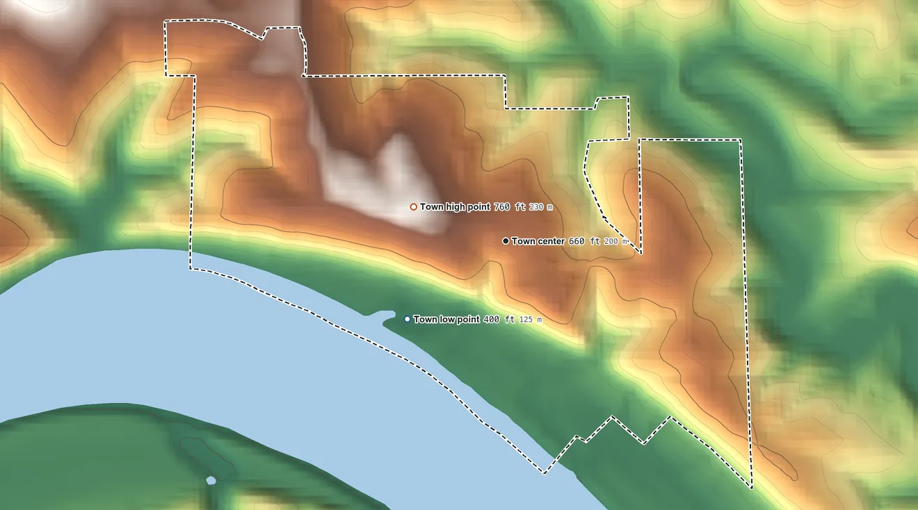 Topographic elevation map of Leavenworth, Indiana, shaded from 400 ft on the southwest side to 760 ft on the west side