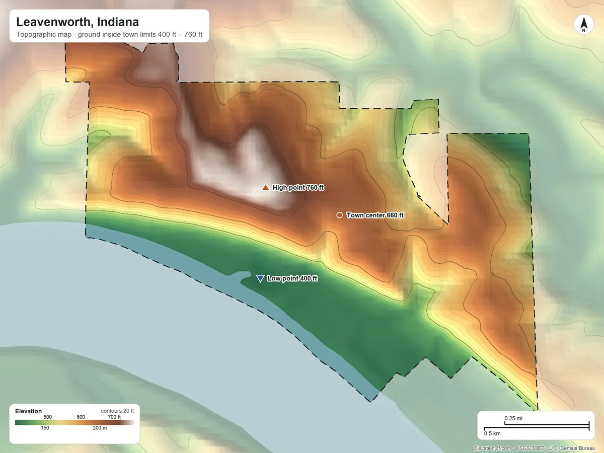 Topographic elevation map of Leavenworth, Indiana, shaded from 400 ft on the southwest side to 760 ft on the west side