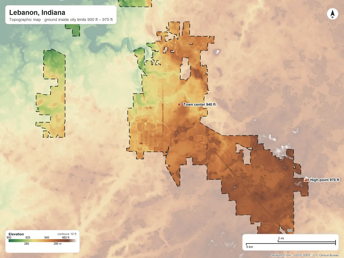 Topographic elevation map of Lebanon, Indiana, shaded from 900 ft on the northwest side to 970 ft on the southeast side