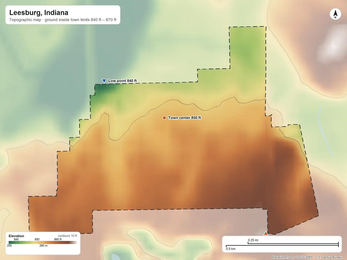 Topographic elevation map of Leesburg, Indiana, shaded from 840 ft on the northwest side to 870 ft on the southeast side