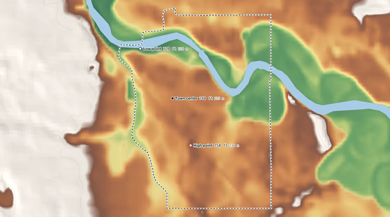 Topographic elevation map of Leiters Ford, Indiana, shaded from 720 ft on the northwest side to 750 ft on the south side