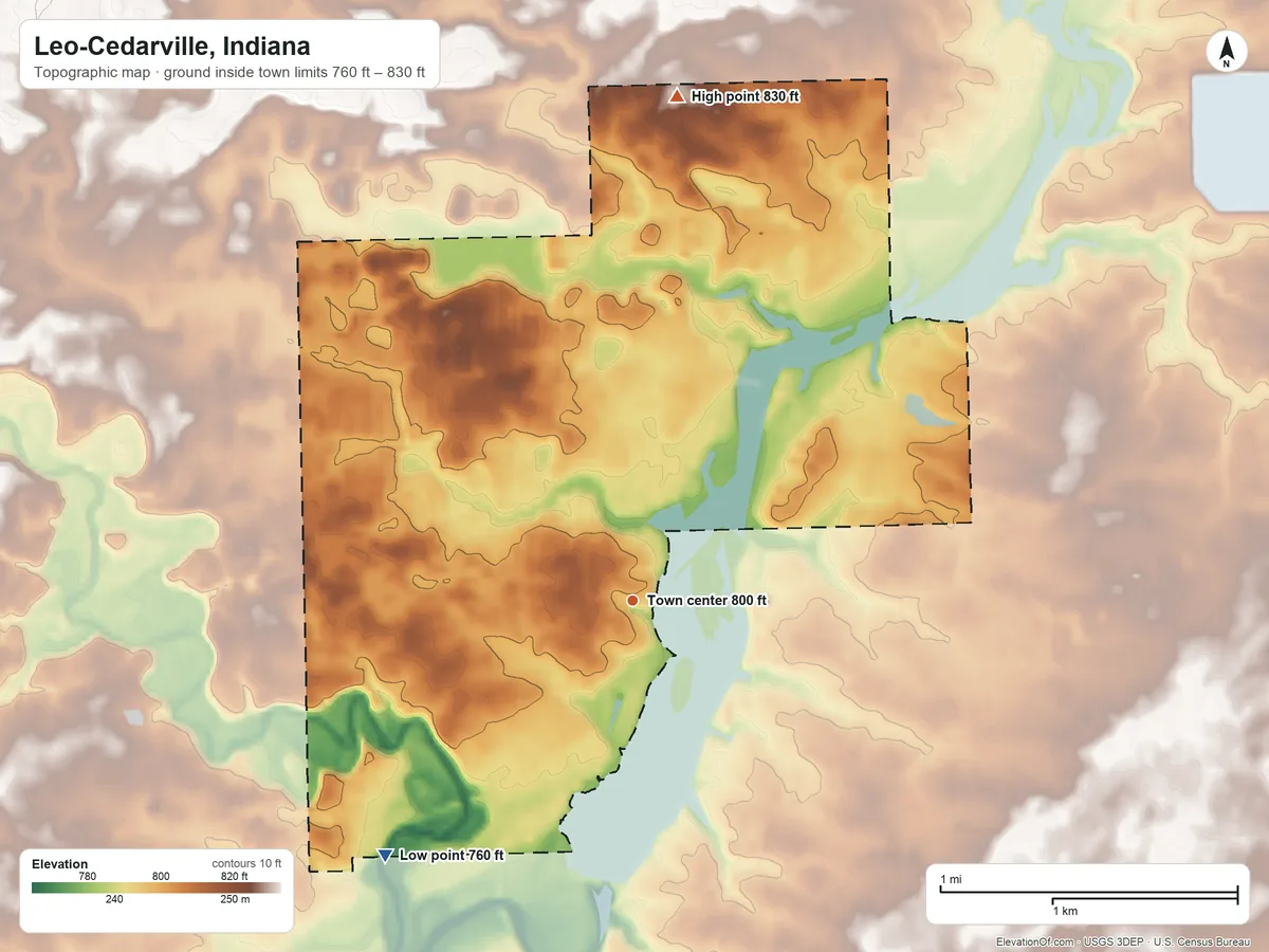 Topographic elevation map of Leo-Cedarville, Indiana, shaded from 760 ft on the southwest side to 830 ft on the north side