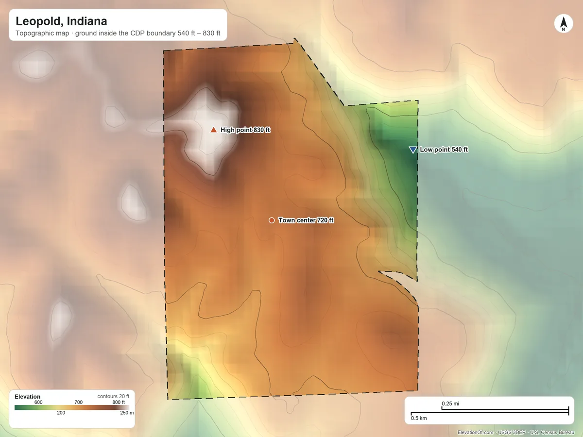 Topographic elevation map of Leopold, Indiana, shaded from 540 ft on the northeast side to 830 ft on the northwest side