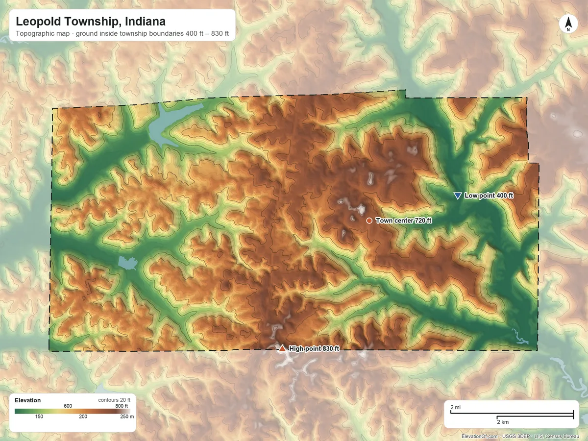 Topographic elevation map of Leopold Township, Indiana, shaded from 400 ft on the east side to 830 ft on the southwest side