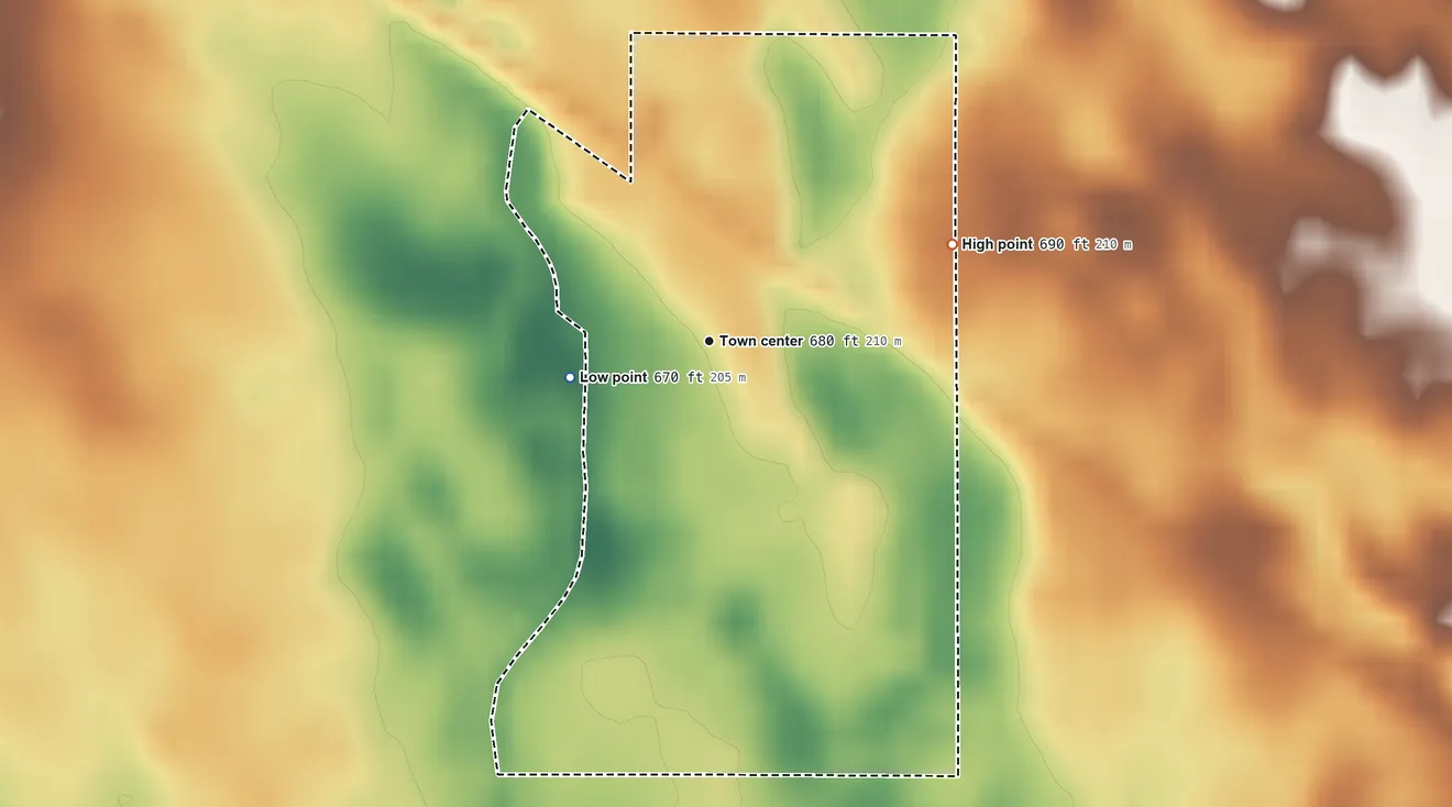 Topographic elevation map of Leroy, Indiana, shaded from 670 ft on the west side to 690 ft on the east side