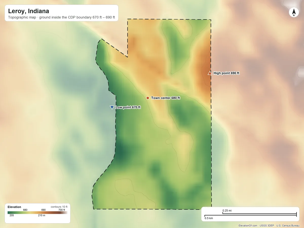 Topographic elevation map of Leroy, Indiana, shaded from 670 ft on the west side to 690 ft on the east side