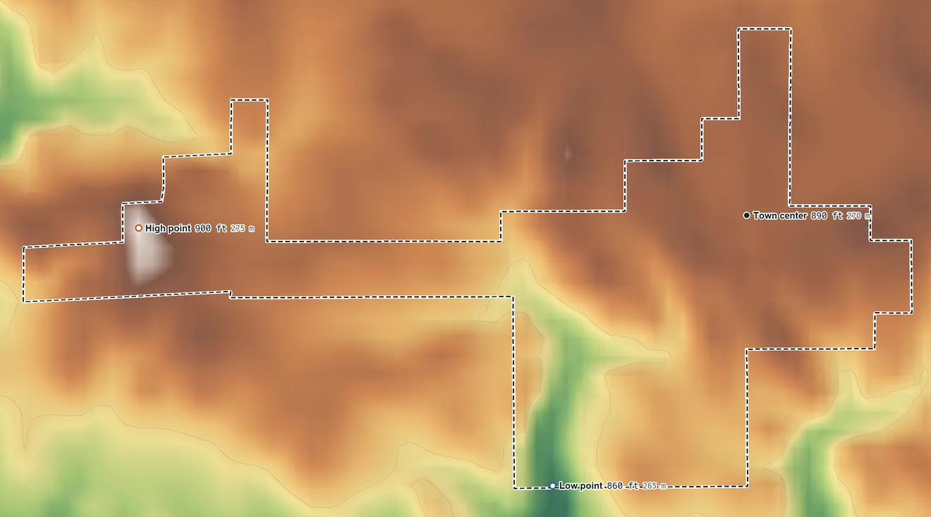 Topographic elevation map of Letts, Indiana, shaded from 860 ft on the southwest side to 900 ft on the west side