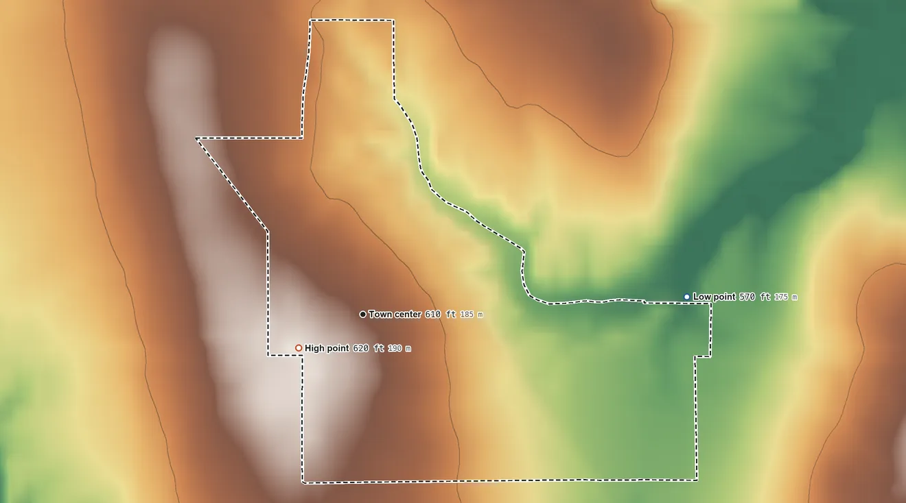 Topographic elevation map of Lewis, Indiana, shaded from 570 ft on the east side to 620 ft on the southwest side
