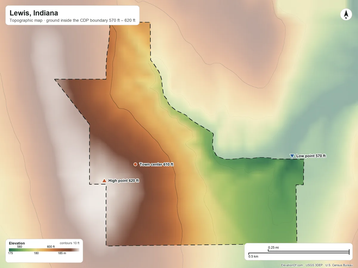 Topographic elevation map of Lewis, Indiana, shaded from 570 ft on the east side to 620 ft on the southwest side