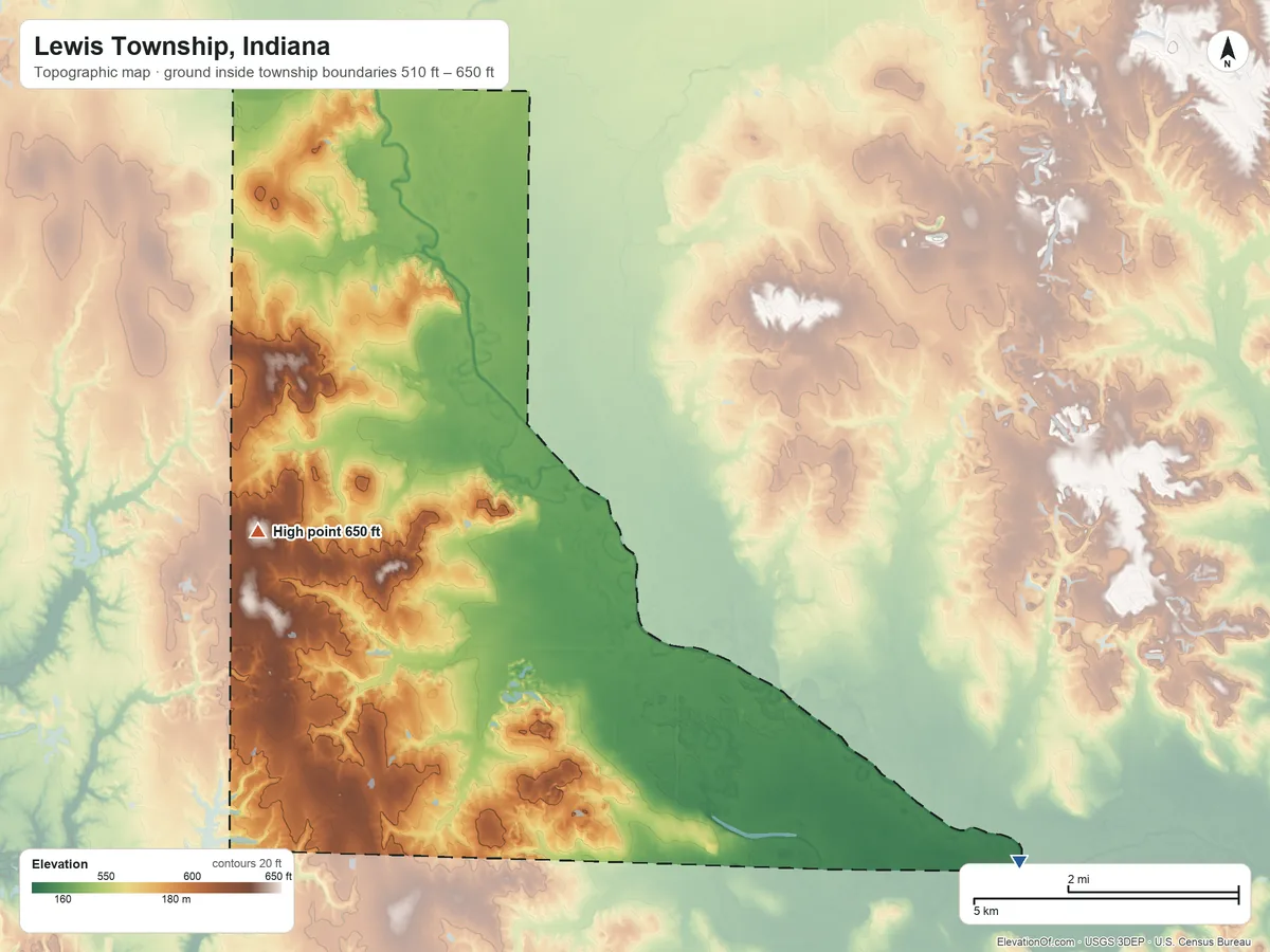 Topographic elevation map of Lewis Township, Indiana, shaded from 510 ft on the east side to 650 ft on the northwest side