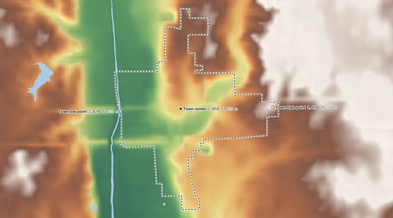 Topographic elevation map of Lewisville, Indiana, shaded from 1,020 ft on the west side to 1,090 ft on the east side
