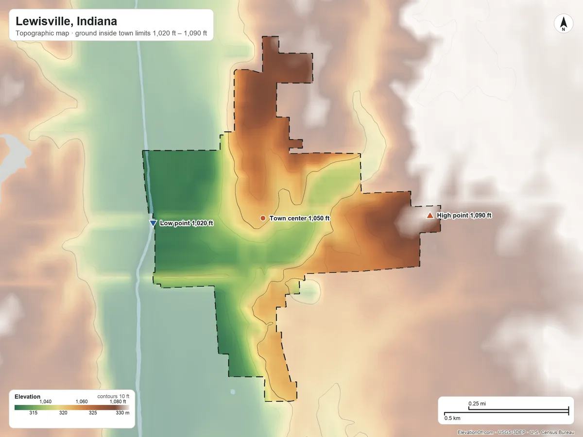Topographic elevation map of Lewisville, Indiana, shaded from 1,020 ft on the west side to 1,090 ft on the east side
