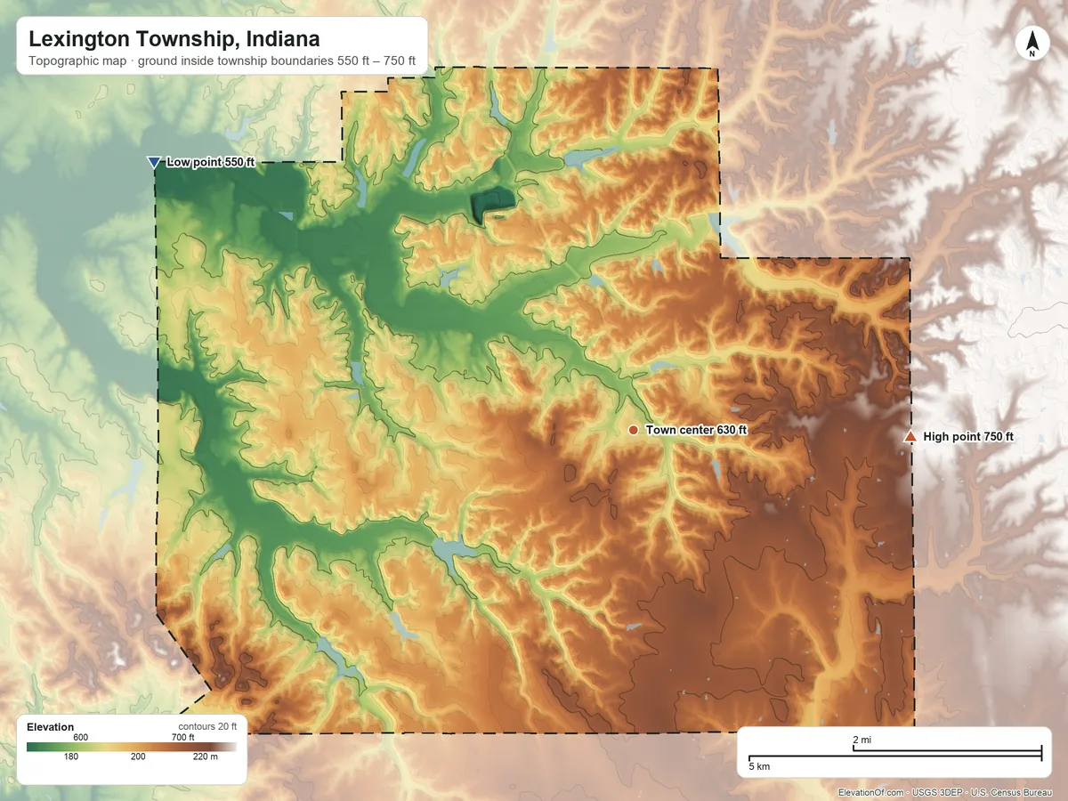 Topographic elevation map of Lexington Township, Indiana, shaded from 550 ft on the northwest side to 750 ft on the east side