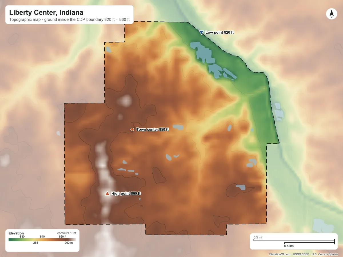 Topographic elevation map of Liberty Center, Indiana, shaded from 820 ft on the northeast side to 860 ft on the south side