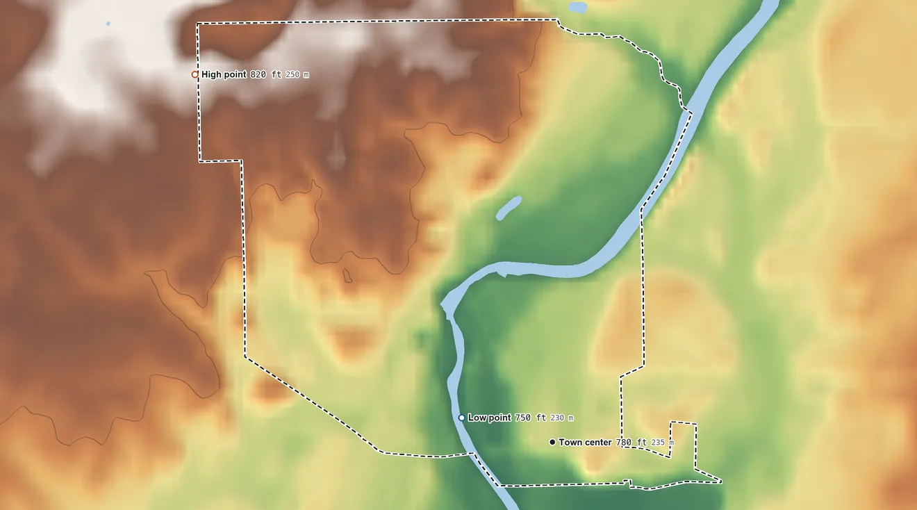 Topographic elevation map of Liberty Mills, Indiana, shaded from 750 ft on the west side to 820 ft on the northwest side